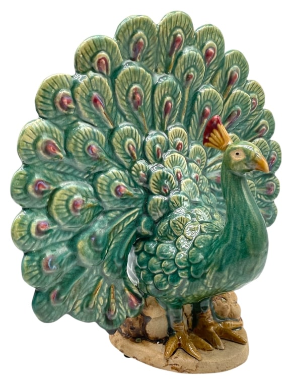 MAJOLICA STYLE CERAMIC PEACOCK VASE 12" (1 of 7)