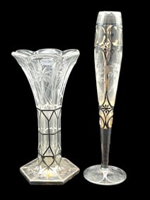PAIR OF ART DECO CRYSTAL AND SILVER OVERLAY VASES