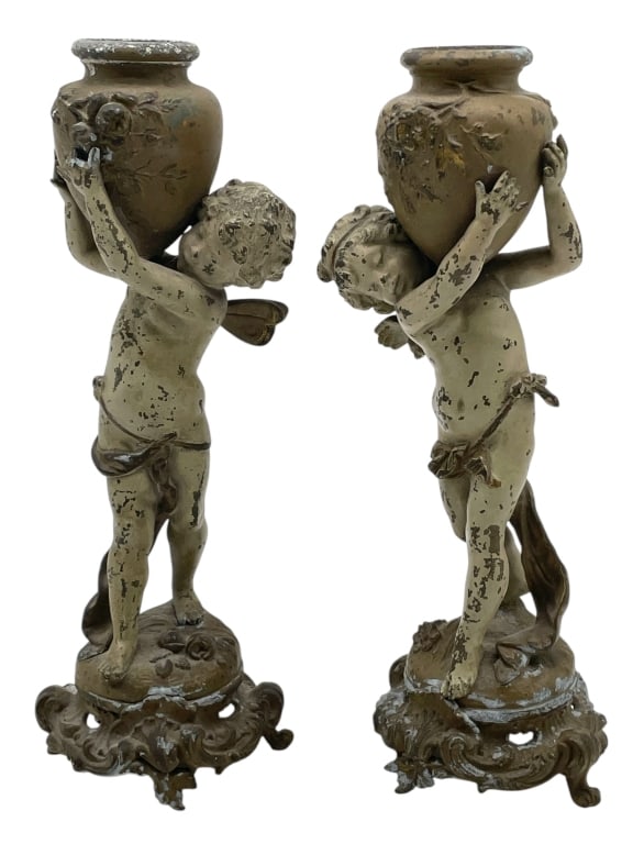 PAIR OF ANTIQUE CAST METAL CHERUB CANDLE HOLDERS (1 of 6)