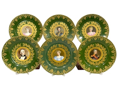 6 SEVRES PORCELAIN GREEN PORTRAIT PLATES 9"