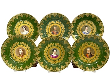 6 SEVRES PORCELAIN GREEN PORTRAIT PLATES 9"