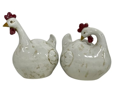 SET OF 2 WHIMSICAL CERAMIC HEN FIGURINES 12"