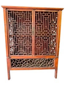ANTIQUE CHINESE WOODEN LATTICEWORK CABINET 63.5"