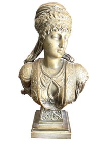 BRONZE BUST OF A WOMAN IN CLASSICAL ATTIRE 13"