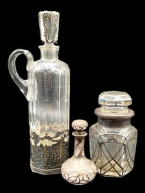 LOT OF 3 GLASS DECANTERS WITH SILVER OVERLAY