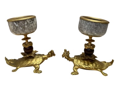 PAIR OF BRASS DRAGON TORTOISE CANDLESTICKS 7"