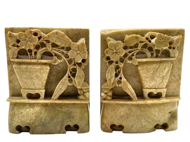 PAIR OF CHINESE SOAPSTONE FLOWER BOOKENDS 5"
