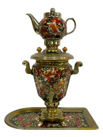 RUSSIAN SAMOVAR W/ MATCHING TEAPOT & TRAY 19"