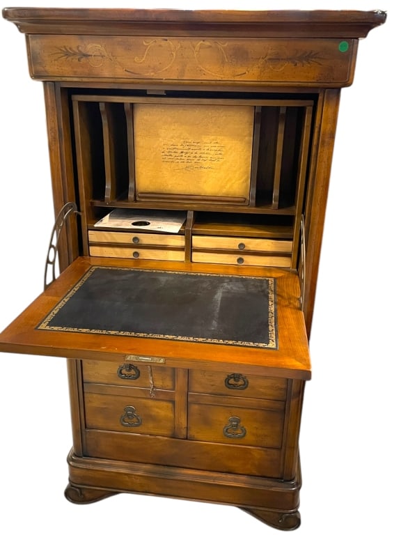 ANTIQUE FRENCH BARTHOLDI SECRETARY DESK 54": -A HANDSOME ANTIQUE FRENCH WOODEN SECRETARY DESK WITH A DROP-DOWN WRITING SURFACE, MULTIPLE DRAWERS, AND ANTIQUE-STYLE METAL HANDLES. THE WARM-TONED WOOD GRAIN IS HIGHLIGHTED BY INTRICATE DETAILING, M