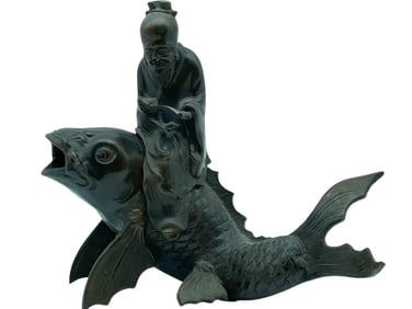 JAPANESE BRONZE GOD RIDING KOI FISH KORO CENSER