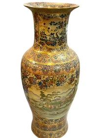 LARGE HAND-PAINTED SATSUMA STYLE FLOOR VASE 36"