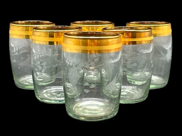 SET OF 6 VINTAGE ETCHED GLASSES WITH GOLD RIMS 3"