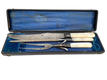 ANTIQUE MOTHER-OF-PEARL HANDLED CARVING SET W CASE