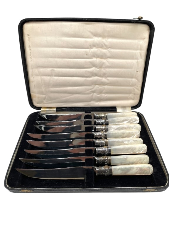 12 PC VINTAGE MOTHER-OF-PEARL STEAK KNIFE SET (1 of 8)