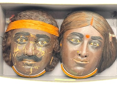 TWO TRADITIONAL HANDCRAFTED WEST BENGAL MASKS 7"