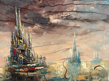CARIN CASSEL ABSTRACT CITYSCAPE PAINTING 24"