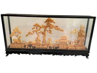 CHINESE HAND-CARVED CORK DIORAMA GLASS DISPLAY 23"