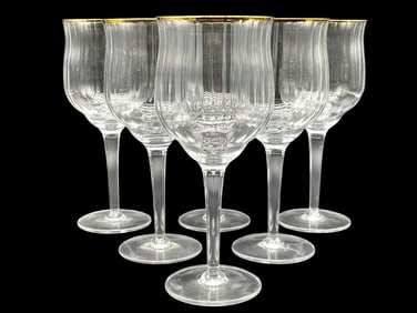 SET OF 6 CRYSTAL WINE GLASSES WITH GOLD RIM 7.5"