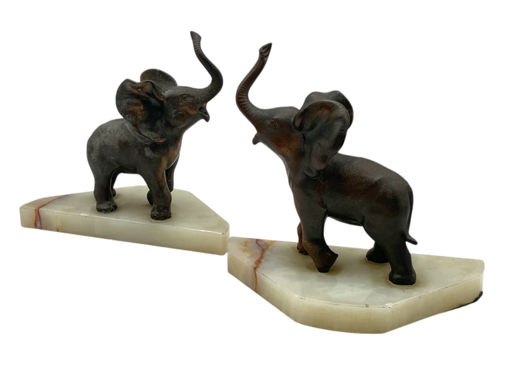 PAIR OF CAST METAL ELEPHANT BOOKENDS ON ONYX BASE (1 of 6)