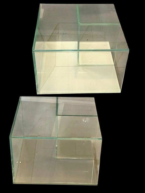 PAIR OF MODERN GLASS END TABLES WITH STORAGE 20": -15" X 20" X 20" APPROX VERY GOOD PRE OWNED CONDITION MINOR WEAR WITH AGE -DP41725 -- By bidding on this item, you have read, understand, and agree to the terms and conditions of the auction. To sched
