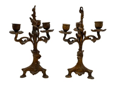 PAIR OF FRENCH BRONZE THREE-ARM CANDELABRAS 11"