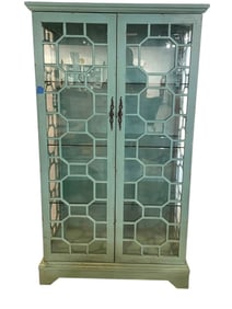 DISTRESSED TURQUOISE PAINTED GLASS FRONT CABINET
