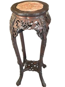 CHINESE CARVED ROSEWOOD PLANT STAND W MARBLE INSET