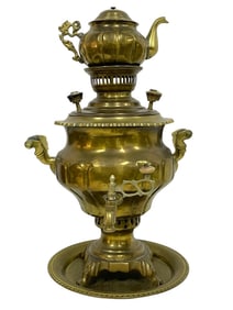 RUSSIAN BRASS SAMOVAR W/ TEAPOT AND TRAY 18"