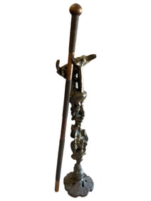 BRUTALIST SCULPTURAL CANE STAND W/ WALKING STICK