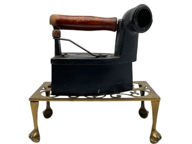 ANTIQUE COAL-FIRED SAD IRON & BRASS TRIVET STAND