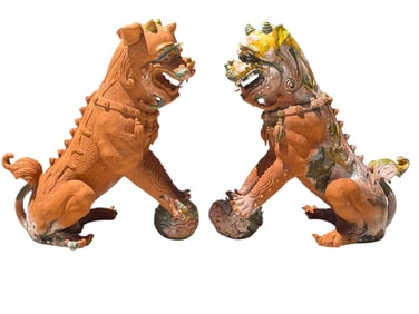 TERRACOTTA GLAZED FOO DOG GUARDIAN LIONS 26" PAIR