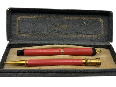 VINTAGE PARKER CORAL RED FOUNTAIN PEN SET