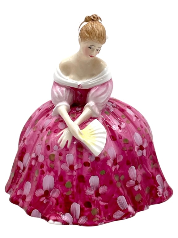ROYAL DOULTON VICTORIA PORCELAIN FIGURINE 7": ROYAL DOULTON VICTORIA PORCELAIN FIGURINE 7" -VERY GOOD PRE OWNED CONDITION -APPROX 7" -CHARMING HAND-PAINTED PORCELAIN FIGURE WEARING A BRIGHT PINK FLORAL GOWN AND HOLDING A FAN. FEATURES DELICATE FA