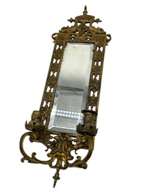 BRASS WALL MIRROR WITH DUAL CANDLE HOLDERS 23"