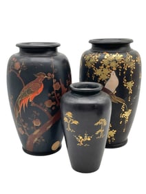 SET OF 3 JAPANESE STYLE BLACK LACQUER VASES