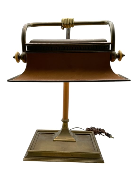 BRASS & LEATHER BANKERS DESK LAMP 19" (1 of 5)