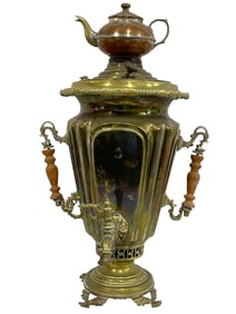 RUSSIAN BRASS SAMOVAR W/ COPPER TEAPOT 22"