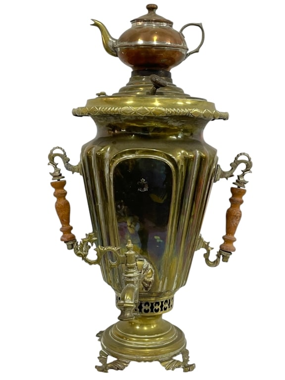 RUSSIAN BRASS SAMOVAR W/ COPPER TEAPOT 22" (1 of 4)