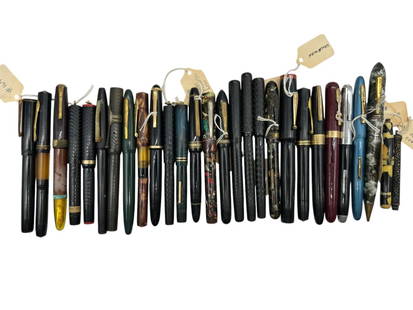 LARGE VINTAGE FOUNTAIN PEN COLLECTION: - INCLUDES A DIVERSE ASSORTMENT OF HARD RUBBER AND CELLULOID BARRELS IN A WIDE RANGE OF PATTERNS, COLORS, AND SIZES. BRANDS AND MARKINGS NOTED INCLUDE EVERSHARP, WATERMAN, SWAN, SHEAFFER, PARKER, AND