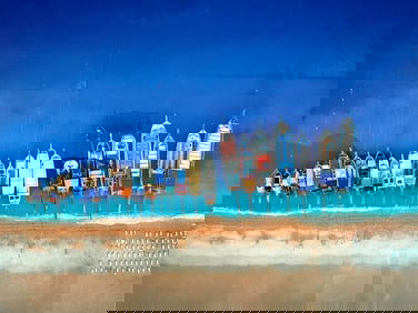 SANDY BEACH W BOATS COASTAL WALL ART 30"