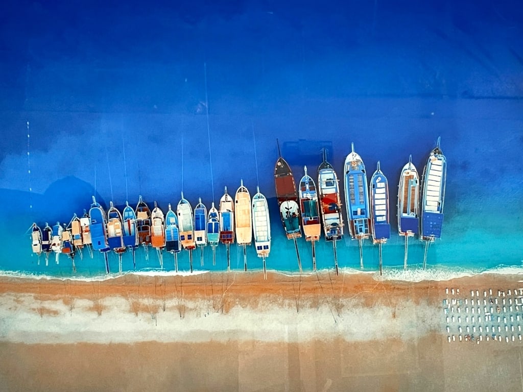 SANDY BEACH W BOATS COASTAL WALL ART 30" (1 of 4)