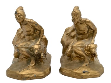 PAIR OF CAST METAL BOOKENDS W/ NATIVE AMERICAN