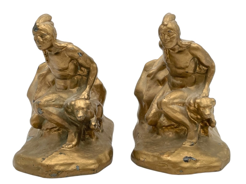PAIR OF CAST METAL BOOKENDS W/ NATIVE AMERICAN (1 of 8)
