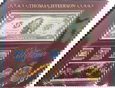 THOMAS JEFFERSON 1993 BILL, COINS, AND STAMPS: THOMAS JEFFERSON 1993 BILL, COINS, AND STAMPS -VERY GOOD PRE OWNED CONDITION -IN PROTECTIVE SLEEVE AND BOOK -BOOK APPROX 10" X 8.5" -INCLUDES 2 DOLLAR BILL, TWO COINS, AND STAMPS -JA 122724 By bidding