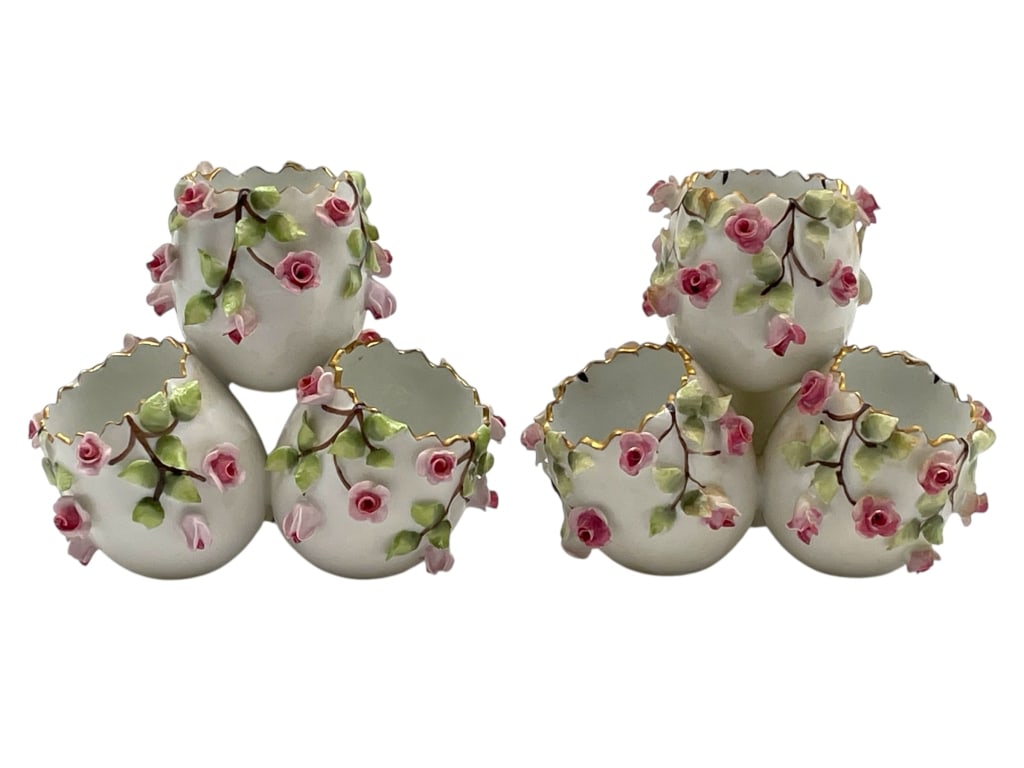 PAIR OF PORCELAIN EGG BUD VASES W/ ROSE DETAIL (1 of 5)