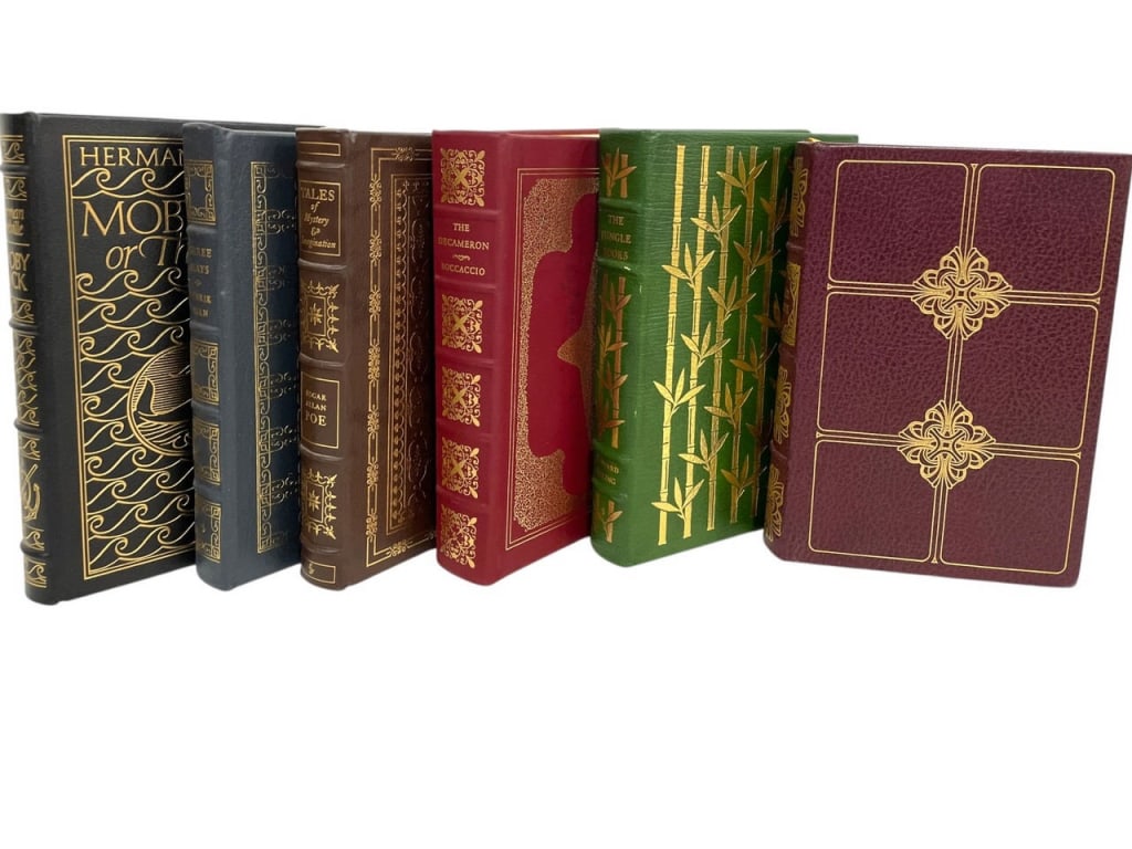 6 EASTON PRESS GILT EMBOSSED LEATHER BOUND BOOKS: SET OF 6 EASTON PRESS GILT EMBOSSED LEATHER BOUND GOLD PAGE BOOKS | HOME LIBRARY DECOR PERFECT FOR STAGING - EASTON PRESS CLASSIC LIBRARY TITLES, LATE 20TH CENTURY -MOBY DICK – HERMAN MELVILLE -THRE