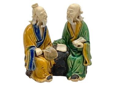 CHINESE GLAZED FIGURINE OF TWO SCHOLARS 4.5"