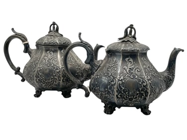 PAIR OF ANTIQUE SILVER TEAPOTS 7"