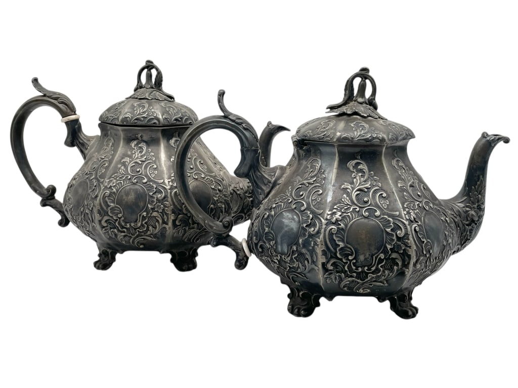 PAIR OF ANTIQUE SILVER TEAPOTS 7" (1 of 6)
