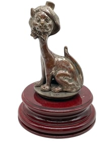 WHIMSICAL METAL CAT SCULPTURE ON WOOD BASE 8"